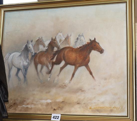 B. Grzeszczuk, oil on canvas, Horses in a landscape, signed and dated 1989, 38 x 45cm